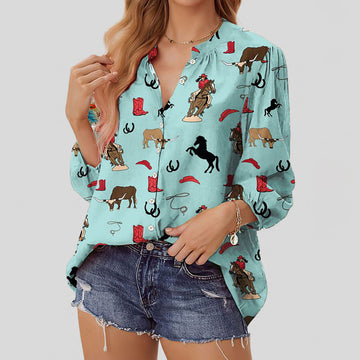 Joycorners Cowgirl Horse Blue Casual V Neckline Half Sleeve Blouses