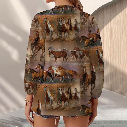 Joycorners Horse Brown Casual V Neckline Half Sleeve Blouses