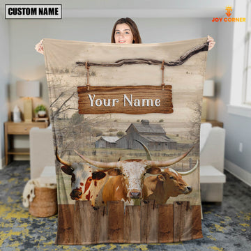 Joycorners Personalized Name Texas Longhorn Wooden Pattern Blanket