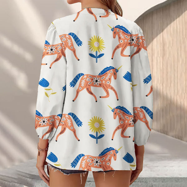 Joycorners Orange Horse And Yellow Flowers All Over Printed 3D Casual V Neckline Long Sleeve Blouses