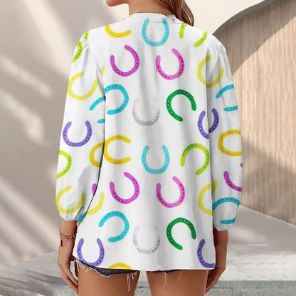 Joycorners Colorful Horseshoes All Over Printed 3D Casual V Neckline Long Sleeve Blouses