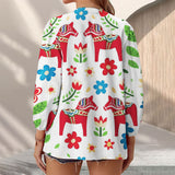 Joycorners Colorful Horse And Flowers All Over Printed 3D Casual V Neckline Long Sleeve Blouses