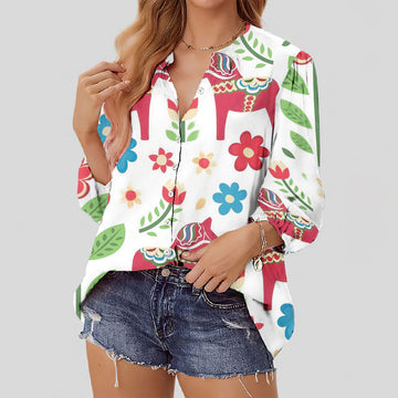 Joycorners Colorful Horse And Flowers All Over Printed 3D Casual V Neckline Long Sleeve Blouses