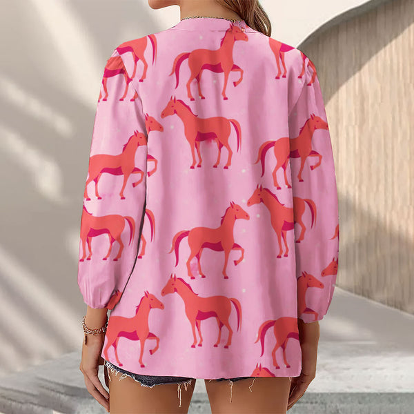 Joycorners Horse Pattern Pink All Over Printed 3D Casual V Neckline Long Sleeve Blouses