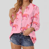 Joycorners Horse Pattern Pink All Over Printed 3D Casual V Neckline Long Sleeve Blouses