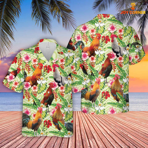 Joycorners Rooster Hibicus Floral 3D Hawaiian Shirt