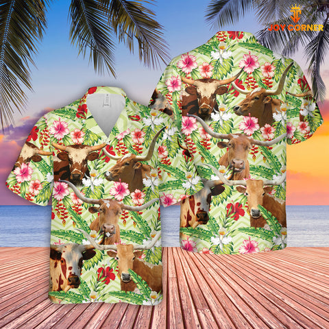 Joycorners Texas Longhorn Hibicus Floral 3D Hawaiian Shirt