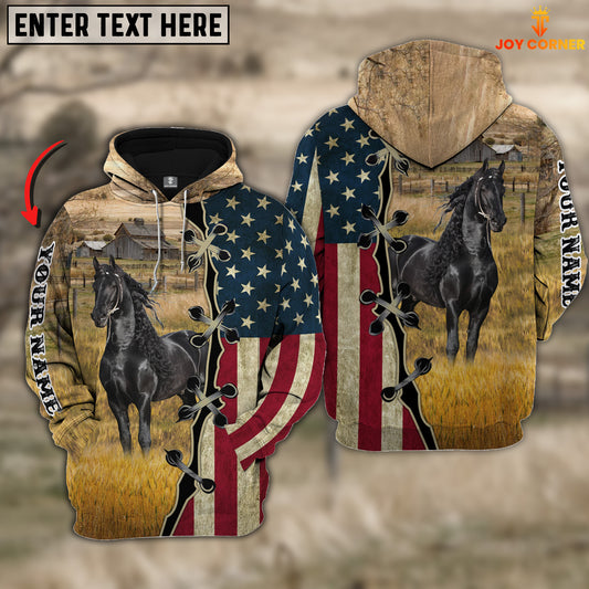 Joycorners Black Horse On Farms Custom Name American Flag 3D Shirt