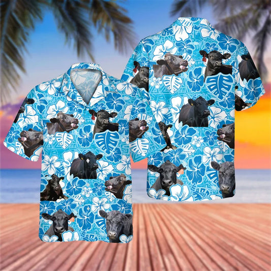 Joycorners Black Angus Blue Floral Hawaiian All Over Printed 3D Hawaiian Shirt