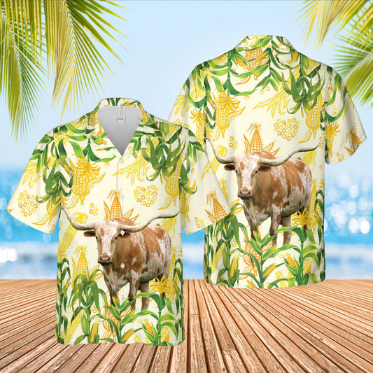 Joycorners Corn Farm Texas Longhorn All Over Printed 3D Hawaiian Shirt