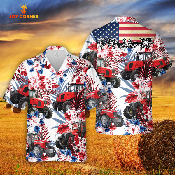 Joycorners Red Tractors American Flag Hawaiian Flowers All Over Printed 3D Hawaiian Shirt