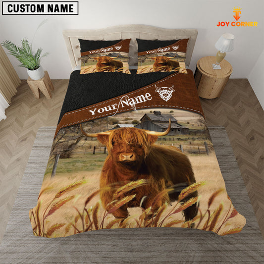 JoyCorners Highland Cattle On The Field Customized Name 3D Bedding Set