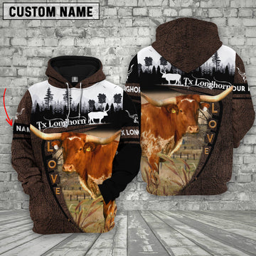 Joycorners Texas Longhorn On Farms Custom Name Printed 3D Wooden Forest Hoodie