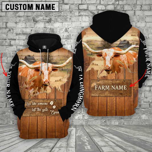 Joycorners Texas Longhorn Custom Name Live Like Someone Left The Gate Open Wood Pattern Hoodie