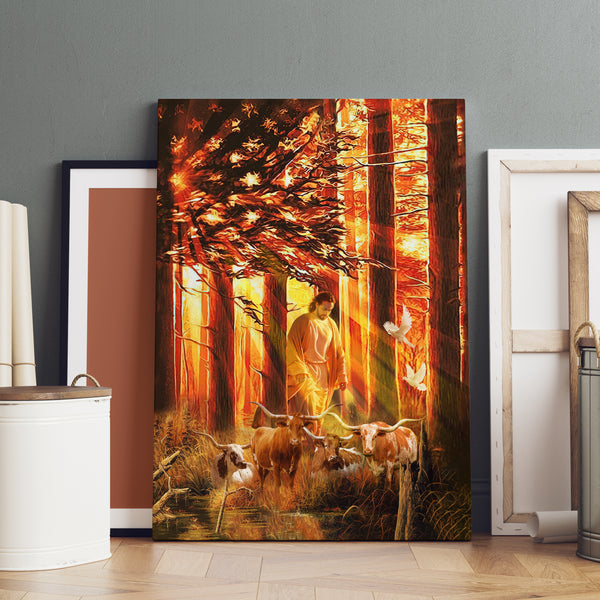 Jesus painting, Walking with the cows - Jesus, US Flag Portrait Canvas Prints, Wall Art