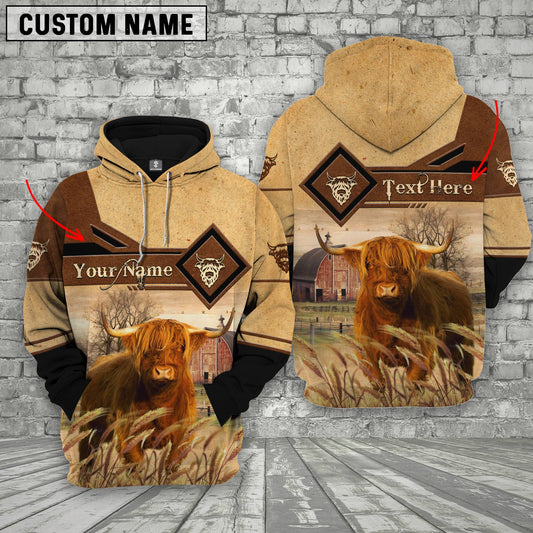 Joycorners Highland Cattle On Farms Custom Name Printed 3D Hoodie