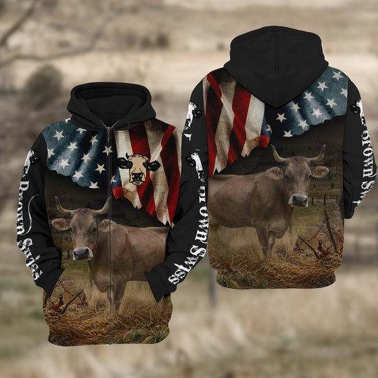 Joycorners Brown Swiss Cattle US Flag All Over Printed 3D Hoodie TT