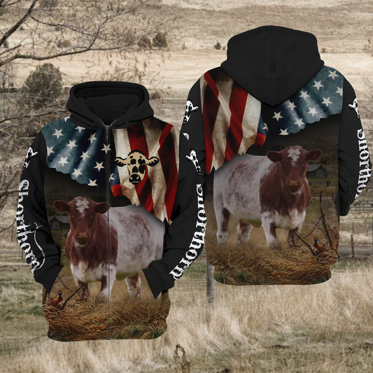 Joycorners Shorthorn Cattle US Flag All Over Printed 3D Hoodie TT