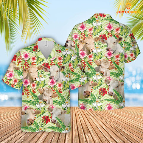 Joycorners Charolais Hibicus Floral 3D Hawaiian Shirt