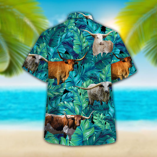 Joycorners Longhorn Tropical Hawaiian Palm Leaves All Over Printed 3D Hawaiian Shirt