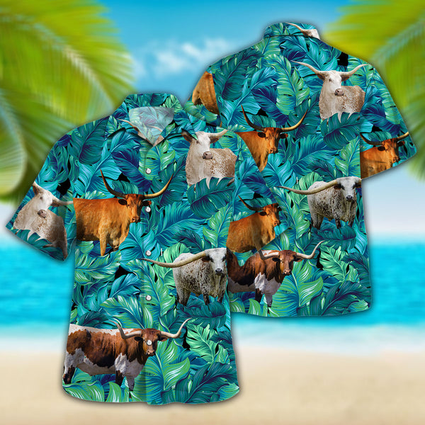 Joycorners Longhorn Tropical Hawaiian Palm Leaves All Over Printed 3D Hawaiian Shirt