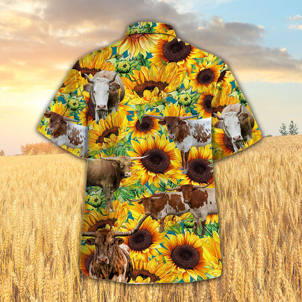Joycorners Sunflower TX-Longhorn Cattle All Printed 3D Hawaiian Shirt