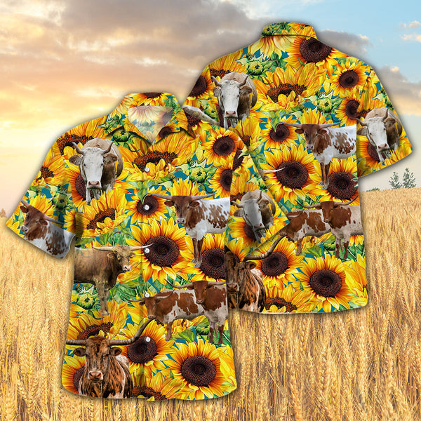 Joycorners Sunflower TX-Longhorn Cattle All Printed 3D Hawaiian Shirt