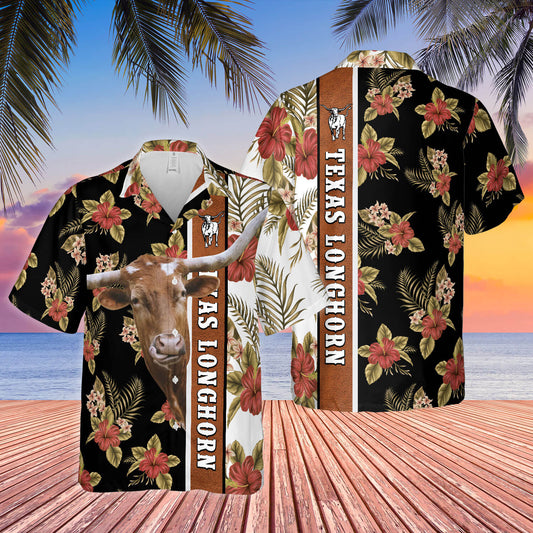 Joycorners Hibiscus Flowers Texas Longhorn Cattle Brown All Over Printed 3D Hawaiian Shirt