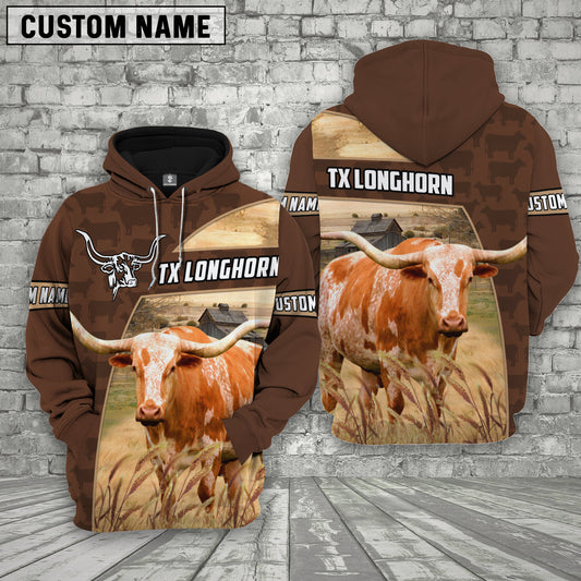 Joycorners Texas Longhorn Brown Farm Personalized 3D Hoodie