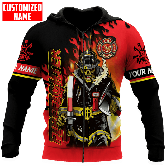 Joycorners Personalized Name Firefighter Fire Department Skeleton Red Flame All Over Printed 3D Shirts