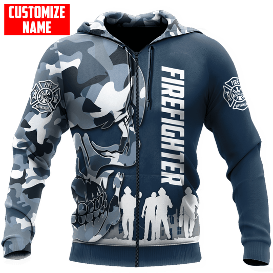 Joycorners Personalized Name Firefighters Blue Skull Camo All Over Printed 3D Shirts