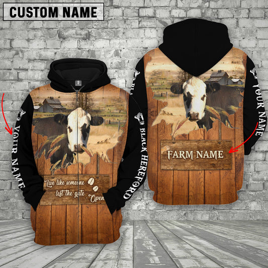 Joycorners Black Hereford Custom Name Live Like Someone Left The Gate Open Wood Pattern Hoodie