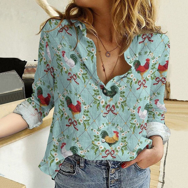 Joycorners Floral Chickens Blue Casual Shirt