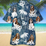 Joycorners basset hound Hawaiian Tropical Plants Pattern Blue And White All Over Printed 3D Hawaiian Shirt