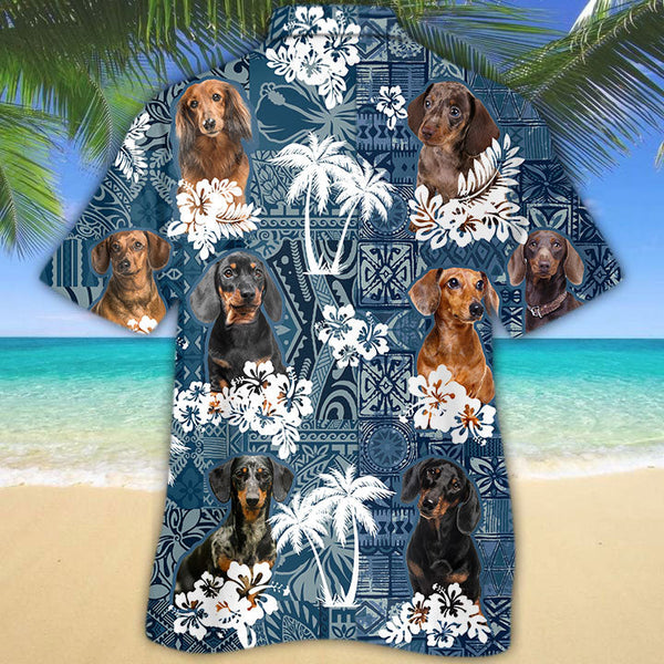 Joycorners Dachshund 1 Hawaiian Tropical Plants Pattern Blue And White All Over Printed 3D Hawaiian Shirt