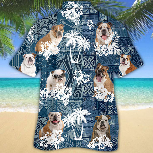Joycorners English Bulldog Hawaiian Tropical Plants Pattern Blue And White All Over Printed 3D Hawaiian Shirt