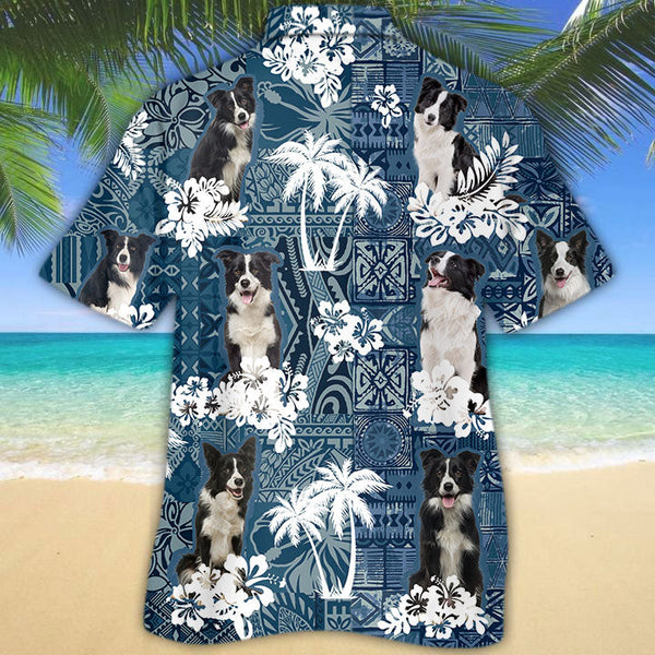 Joycorners border collie Hawaiian Tropical Plants Pattern Blue And White All Over Printed 3D Hawaiian Shirt