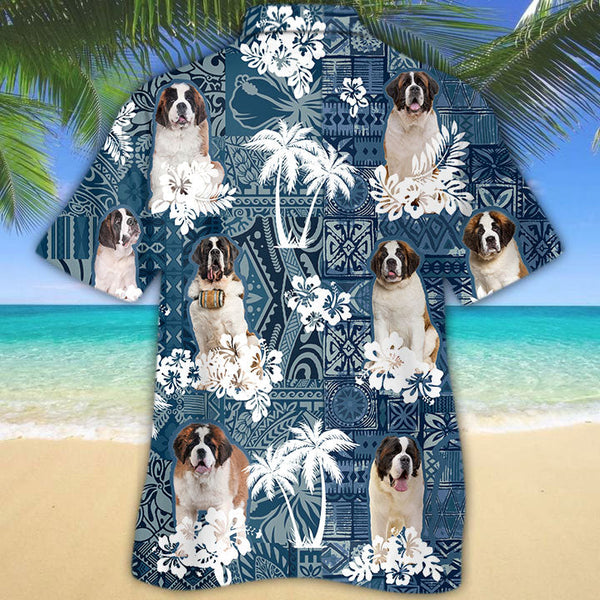 Joycorners St.Bernard Hawaiian Tropical Plants Pattern Blue And White All Over Printed 3D Hawaiian Shirt