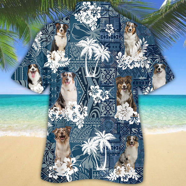 Joycorners Australian Shepherd Hawaiian Tropical Plants Pattern Blue And White All Over Printed 3D Hawaiian Shirt