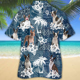 Joycorners Boston Terrier Hawaiian Tropical Plants Pattern Blue And White All Over Printed 3D Hawaiian Shirt
