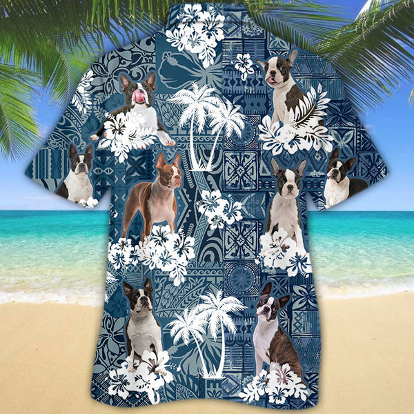 Joycorners Boston Terrier Hawaiian Tropical Plants Pattern Blue And White All Over Printed 3D Hawaiian Shirt