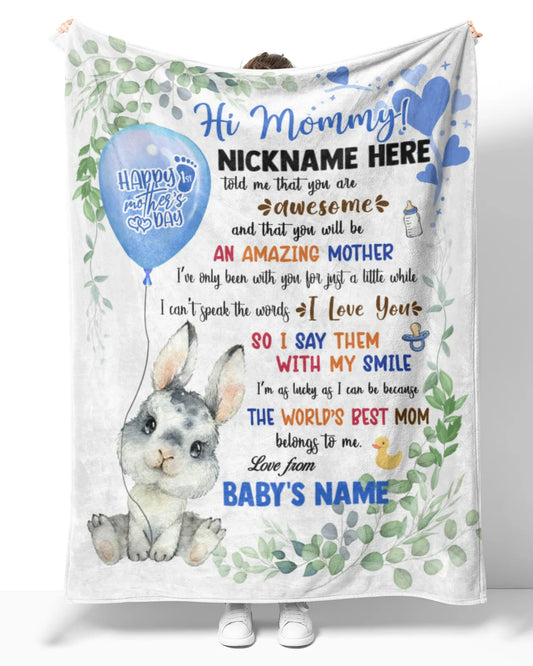 JoyCorner Personalized Printed Blanket Little Bunny With Blue Balloon - Mothers Day Gift