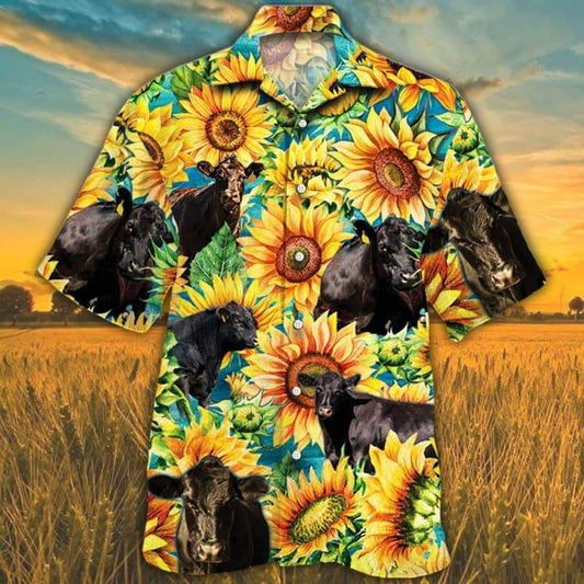 Joycorners Sunflower Black Angus Cattle All Printed 3D Hawaiian Shirt