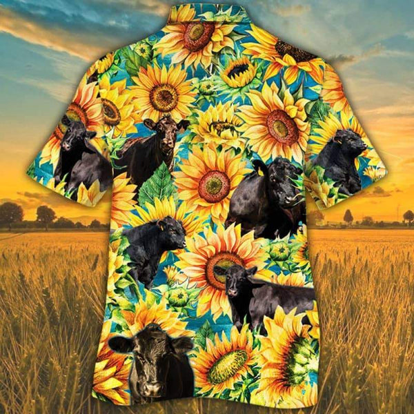 Joycorners Sunflower Black Angus Cattle All Printed 3D Hawaiian Shirt