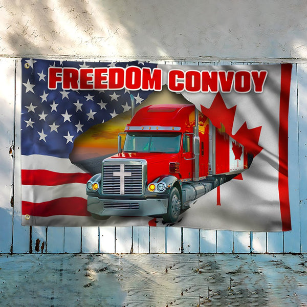 Joycorners Freedom Convoy Flag Freedom Convoy 2022 Canadian Trucker Mandate Freedom Jesus Christian Grommet Flag 3D All Over Printed