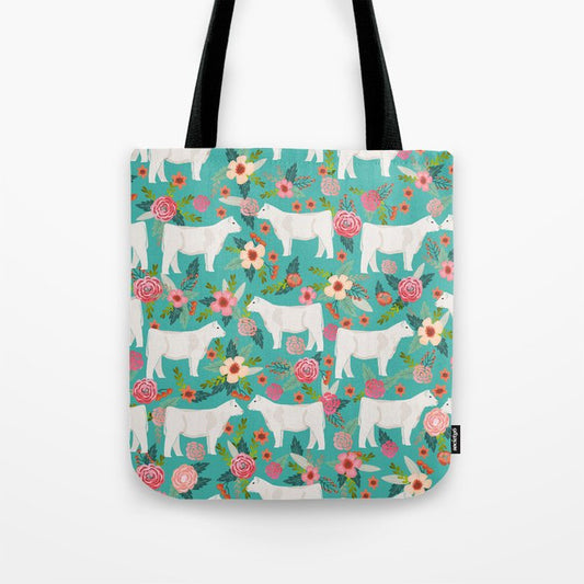 Joycorners Charolais cattle Floral Pattern Cyan All Over Printed 3D Tote Bag