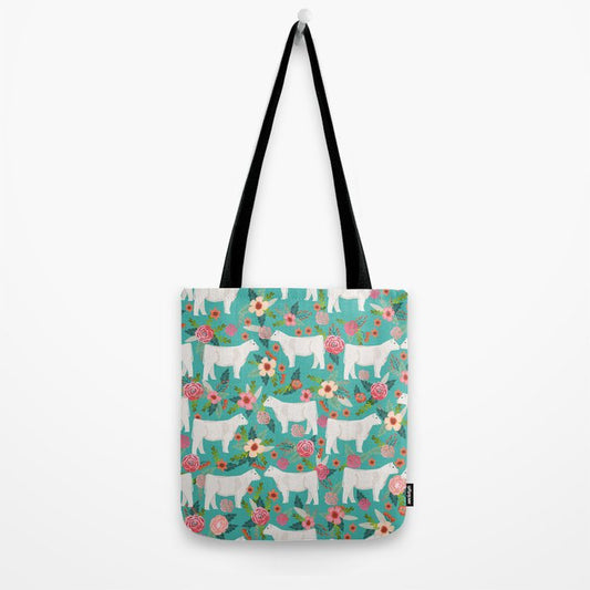 Joycorners Charolais cattle Floral Pattern Cyan All Over Printed 3D Tote Bag