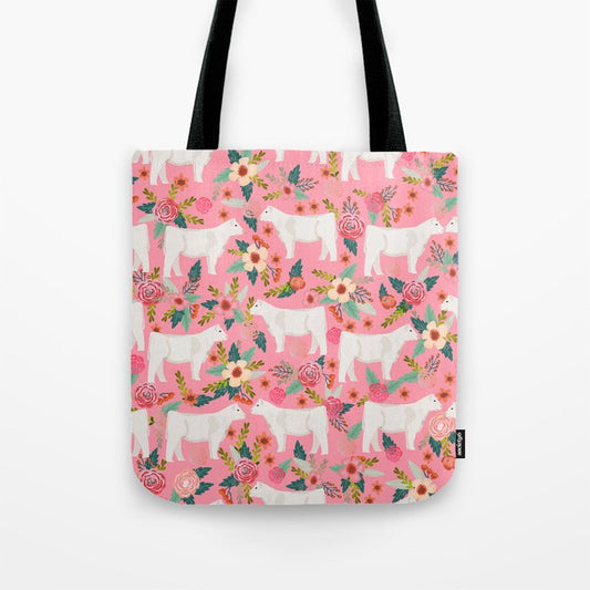 Joycorners Charolais cattle Floral Pattern Pink All Over Printed 3D Tote Bag