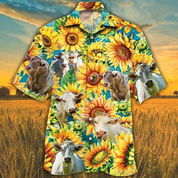 Joycorners Sunflower Charolais Cattle All Printed 3D Hawaiian Shirt