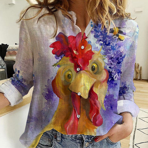Joycorner Chicken and Bee Lavender Floral Casual Shirt